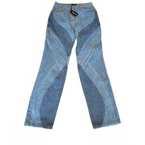 NWT PrettyLittleThing Blue Flare & Wide Leg Jeans with Patchwork Design Size 2